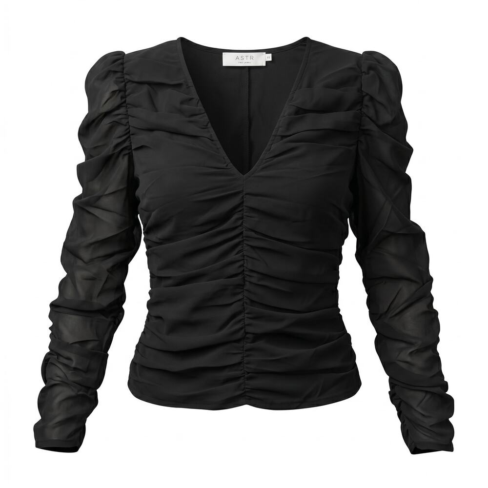 ASTR the Label Black Ruched Mesh Sleeve Blouse M